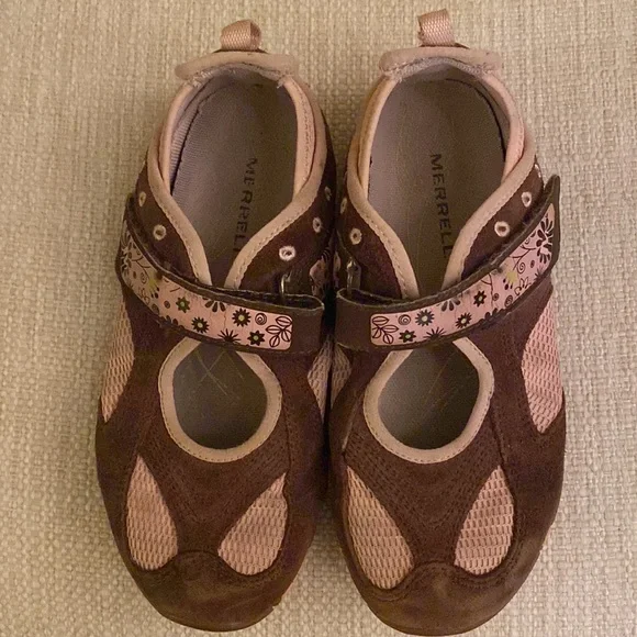 Merrell Brown Suede and Blush Pink Floral Velcro Aqua Lined Girls Size 1 - Picture 6 of 14